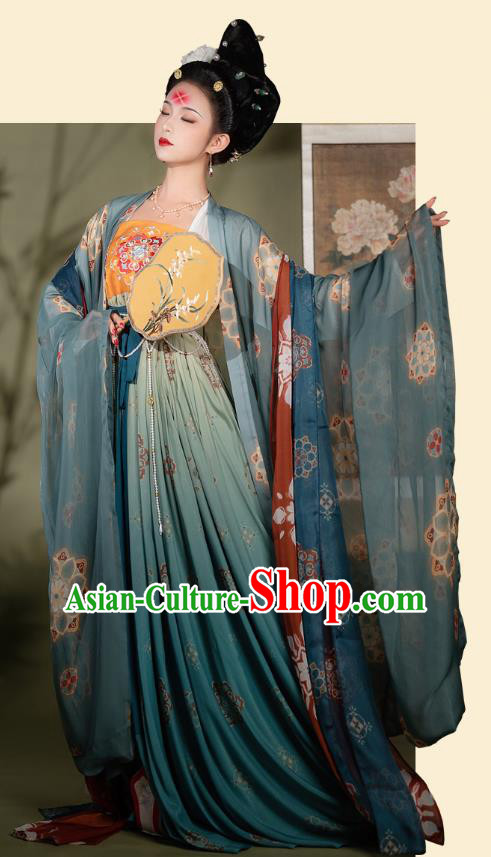 Chinese Ancient Imperial Concubine Hanfu Garment Court Lady Blue Cloak Blouse and Green Dress Tang Dynasty Costumes Full Set