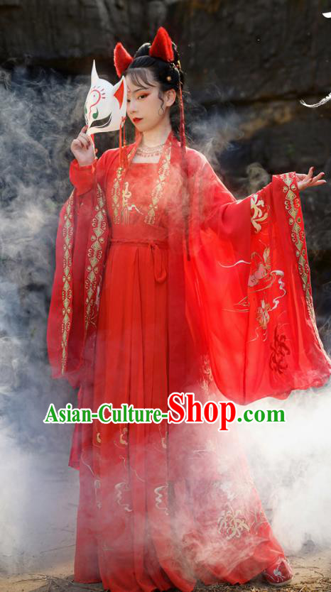 Chinese Ancient Fox Fairy Red Hanfu Garment Costumes Tang Dynasty Court Princess Embroidered Blouse Sun Top and Skirt Full Set