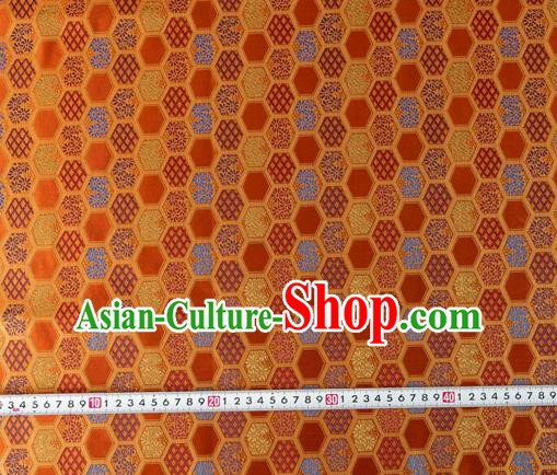 Japanese Traditional Hexagon Daisy Pattern Design Orange Brocade Nishijin Fabric Silk Material Traditional Asian Japan Kimono Tapestry Satin