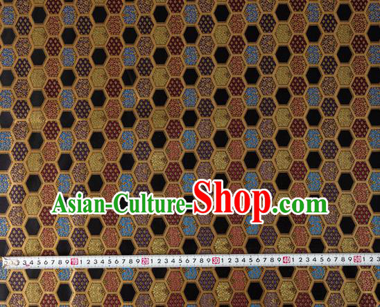 Japanese Traditional Hexagon Daisy Pattern Design Black Brocade Nishijin Fabric Silk Material Traditional Asian Japan Kimono Tapestry Satin