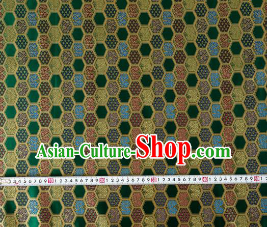 Japanese Traditional Hexagon Daisy Pattern Design Green Brocade Nishijin Fabric Silk Material Traditional Asian Japan Kimono Tapestry Satin