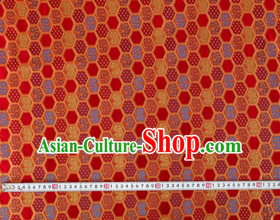 Japanese Traditional Hexagon Daisy Pattern Design Red Brocade Nishijin Fabric Silk Material Traditional Asian Japan Kimono Tapestry Satin