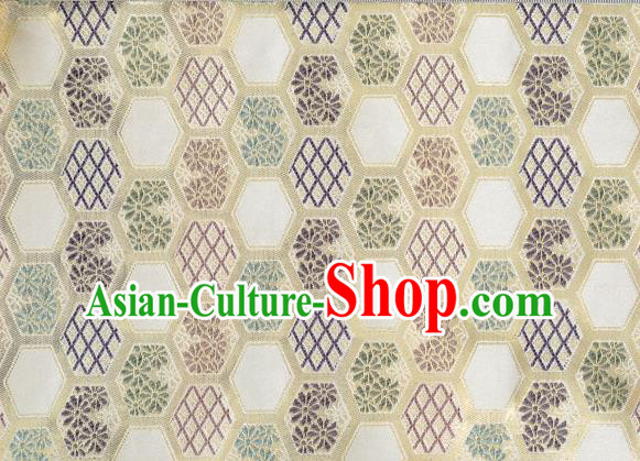 Japanese Traditional Hexagon Daisy Pattern Design White Brocade Nishijin Fabric Silk Material Traditional Asian Japan Kimono Tapestry Satin