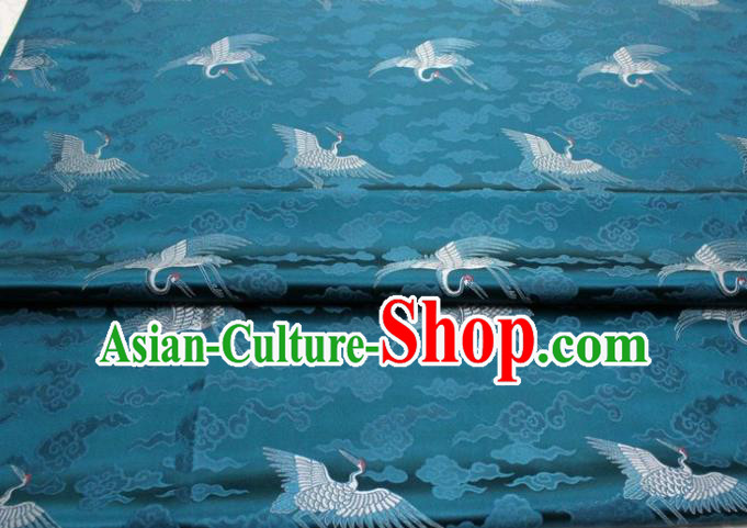 Chinese Classical Cloud Crane Pattern Design Teal Brocade Silk Fabric DIY Satin Damask Asian Traditional Qipao Dress Tapestry Material