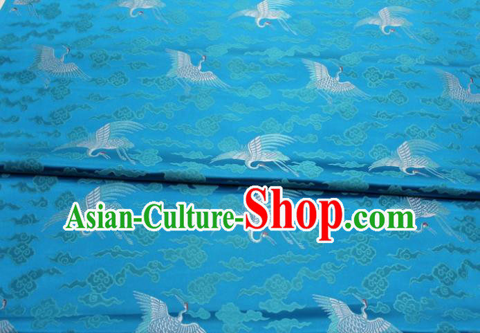 Chinese Classical Cloud Crane Pattern Design Blue Brocade Silk Fabric DIY Satin Damask Asian Traditional Qipao Dress Tapestry Material