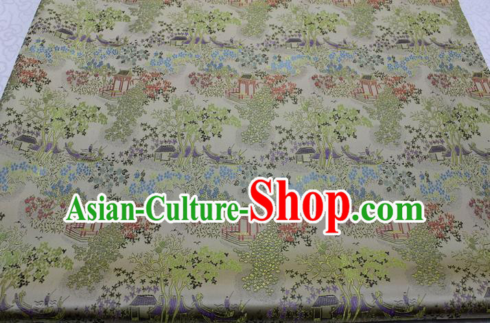 Chinese Classical Scenery Pattern Design Beige Brocade Silk Fabric DIY Satin Damask Asian Traditional Tang Suit Tapestry Material