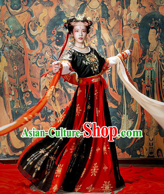 Chinese Ancient Classical Dance Hanfu Garment Costumes Tang Dynasty Palace Lady Black Half Sleeved Top Blouse and Skirt Complete Set