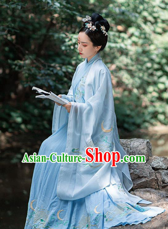 Chinese Ancient Jin Dynasty Noble Woman Embroidered Blue Cape Blouse and Skirt Hanfu Garment Costumes Complete Set