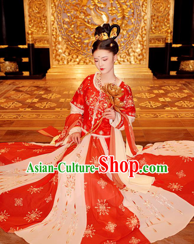 Chinese Ancient Princess Winter Hanfu Garment Costumes Tang Dynasty Red Half Sleeved Top Blouse and Skirt Full Set