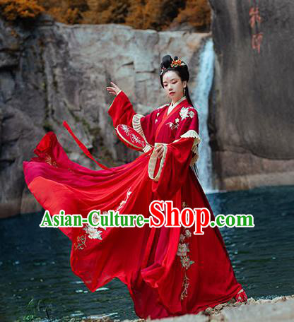 Chinese Ancient Noble Princess Red Hanfu Garment Costumes Jin Dynasty Palace Lady Wedding Half Sleeved Top Blouse and Skirt Full Set