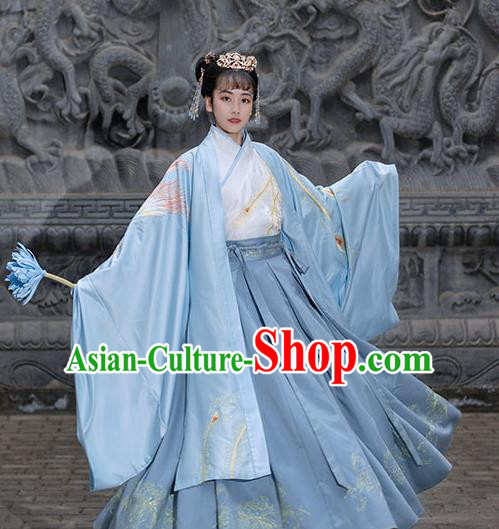 Chinese Ancient Empress Hanfu Garment Costumes Han Dynasty Noble Queen Embroidered Blue Cape Blouse and Skirt Complete Set