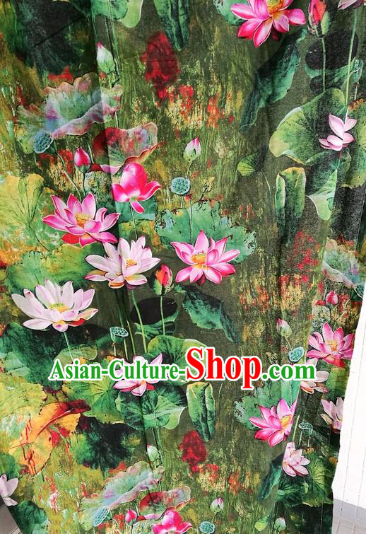 Top Quality Chinese Classical Lotus Pattern Green Flax Material Asian Traditional Curtain Linen Cloth Fabric