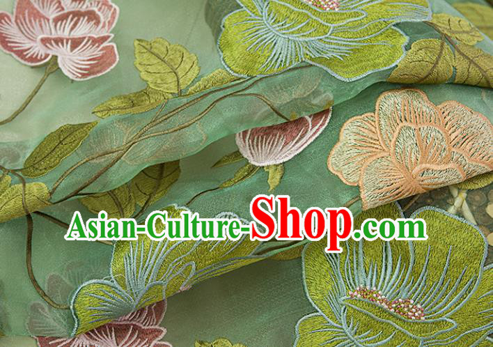 Top Quality Chinese Classical Embroidered Peony Pattern Green Gauze Material Asian Traditional Curtain Silk Cloth Fabric