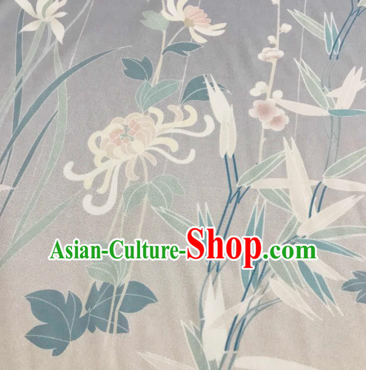 Chinese Hanfu Dress Traditional Plum Orchid Bamboo Chrysanthemum Pattern Design Grey Satin Fabric Silk Material Traditional Asian Tapestry