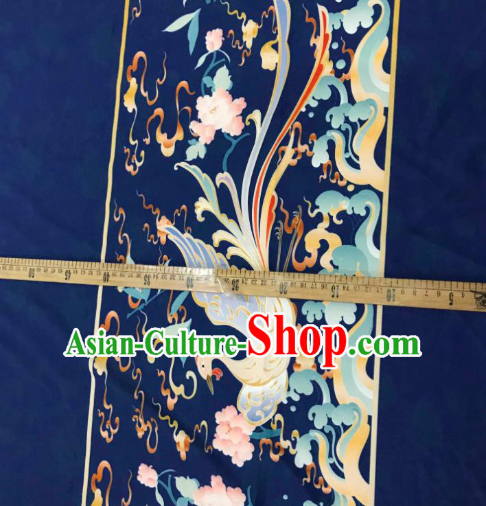 Chinese Hanfu Dress Traditional Phoenix Peony Pattern Design Navy Satin Fabric Silk Material Traditional Asian Tapestry