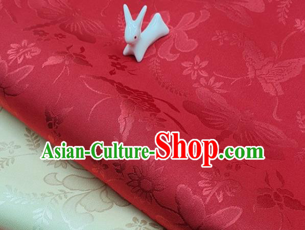 Chinese Hanfu Dress Traditional Butterfly Dragonfly Pattern Design Red Satin Fabric Silk Material Traditional Asian Cloth Tapestry