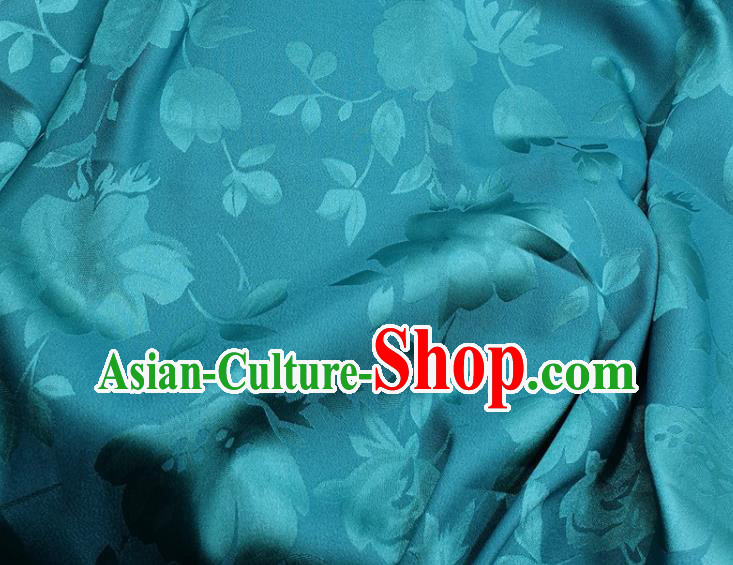 Chinese Traditional Camellia Pattern Design Lake Blue Satin Fabric Silk Material Traditional Asian Hanfu Dress Cloth Tapestry