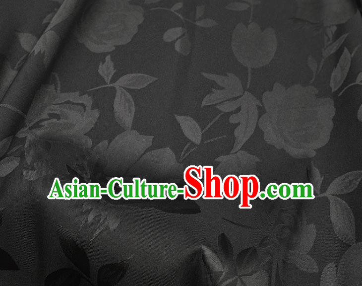 Chinese Traditional Camellia Pattern Design Black Satin Fabric Silk Material Traditional Asian Hanfu Dress Cloth Tapestry