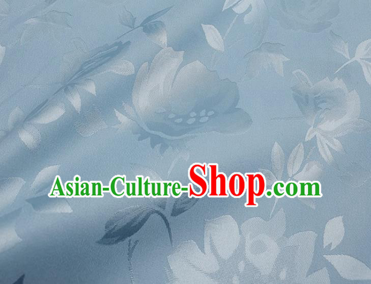 Chinese Traditional Camellia Pattern Design Light Blue Satin Fabric Silk Material Traditional Asian Hanfu Dress Cloth Tapestry