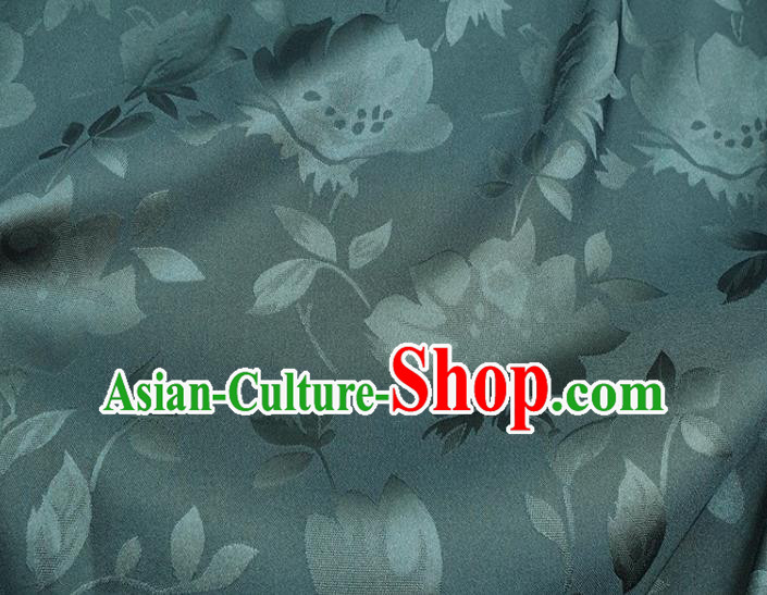 Chinese Traditional Camellia Pattern Design Dark Green Satin Fabric Silk Material Traditional Asian Hanfu Dress Cloth Tapestry