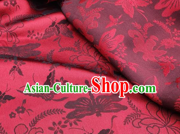 Chinese Hanfu Dress Traditional Black Butterfly Dragonfly Pattern Design Red Satin Fabric Silk Material Traditional Asian Cloth Tapestry