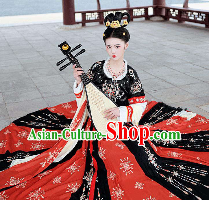 Chinese Ancient Tang Dynasty Royal Princess Embroidered Hanfu Black Half Sleeved Garment Blouse and Skirt Costumes Complete Set for Women