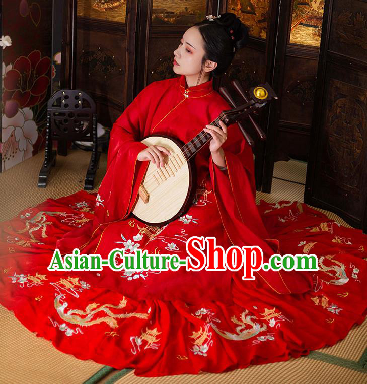 Chinese Ancient Ming Dynasty Wedding Costumes Traditional Noble Lady Hanfu Garment Embroidered Red Long Blouse and Skirt Full Set