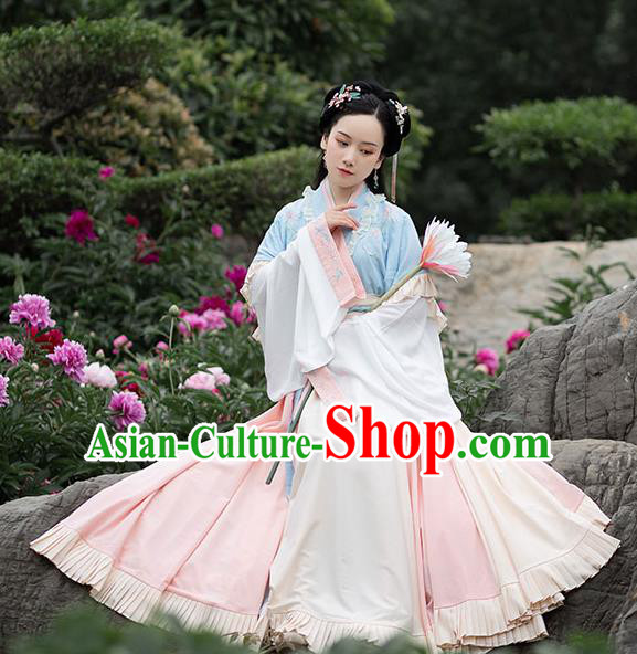 Chinese Ancient Young Lady Hanfu Garment Traditional Jin Dynasty Costumes Half Sleeved Top Blouse and Beige Skirt Full Set