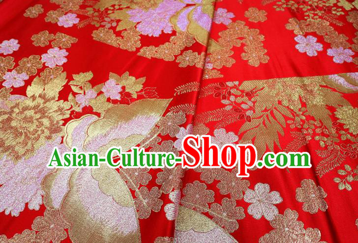 Top Quality Japanese Classical Butterfly Pattern Red Satin Material Asian Traditional Brocade Kimono Belt Nishijin Cloth Fabric