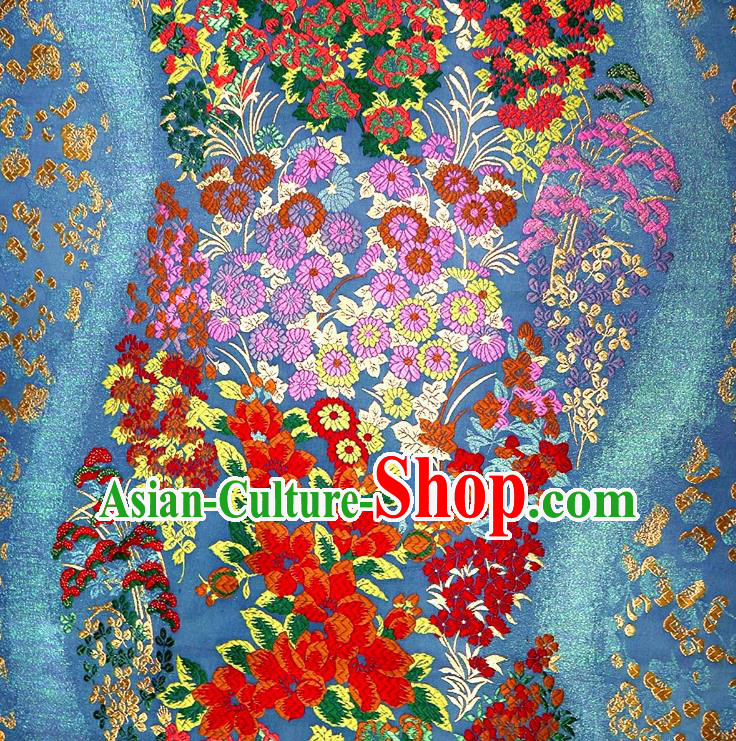 Top Quality Japanese Classical Flow Sakura Pattern Blue Satin Material Asian Traditional Brocade Kimono Belt Nishijin Cloth Fabric
