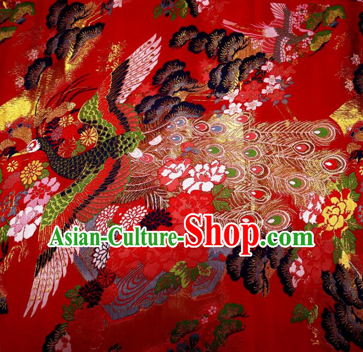 Top Quality Japanese Classical Phoenix Peony Pattern Red Satin Material Asian Traditional Brocade Kimono Belt Nishijin Cloth Fabric