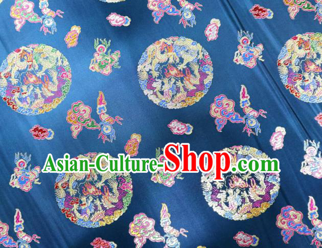 Chinese Classical Phoenix Dragon Pattern Design Navy Blue Brocade Cheongsam Fabric Asian Traditional Tapestry Satin Material DIY Wedding Cloth Damask