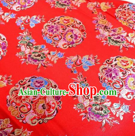 Chinese Classical Round Flowers Pattern Design Red Nanjing Brocade Cheongsam Fabric Asian Traditional Tapestry Satin Material DIY Wedding Cloth Damask