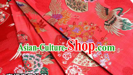 Top Quality Japanese Classical Fan Crane Pattern Red Tapestry Satin Material Asian Traditional Brocade Kimono Nishijin Cloth Fabric