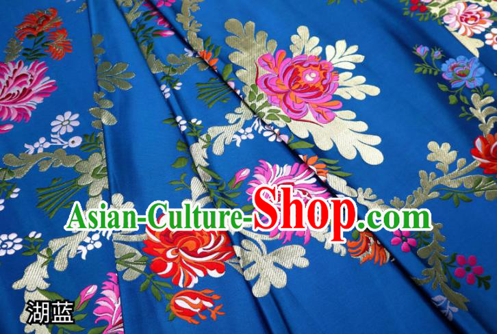 Chinese Cheongsam Classical Flowers Pattern Design Lake Blue Nanjing Brocade Fabric Asian Traditional Tapestry Satin Material DIY Court Cloth Damask