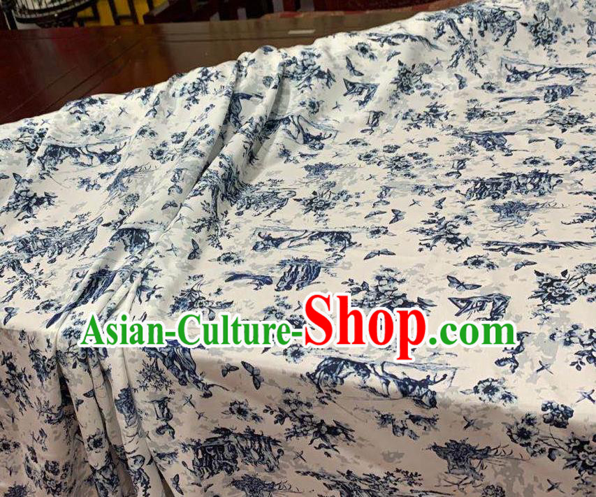 Chinese Classical Ink Painting Pattern White Watered Gauze Asian Top Quality Silk Material Hanfu Dress Fabric Cheongsam Cloth