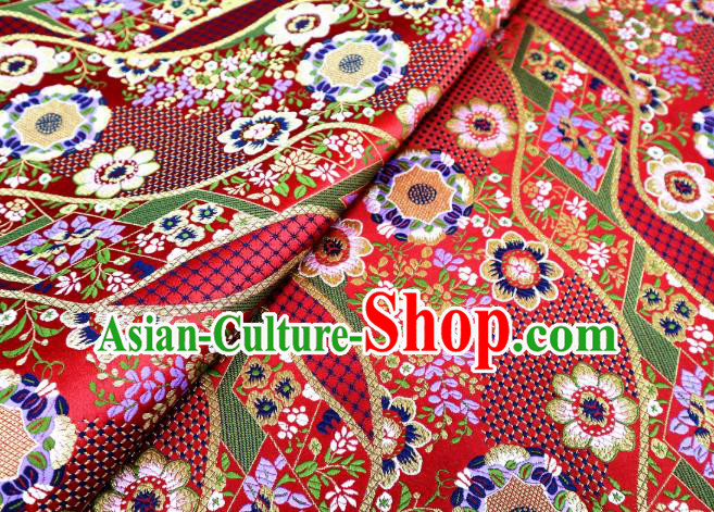 Japanese Traditional Brocade Cloth Kimono Belt Classical Flowers Pattern Red Tapestry Satin Material Asian Top Quality Nishijin Fabric