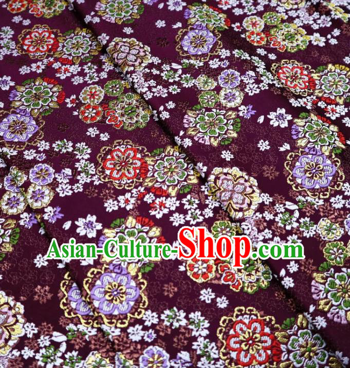 Japanese Traditional Cherry Blossom Pattern Purple Brocade Asian Top Quality Nishijin Material Cloth Kimono Belt Tapestry Satin Fabric