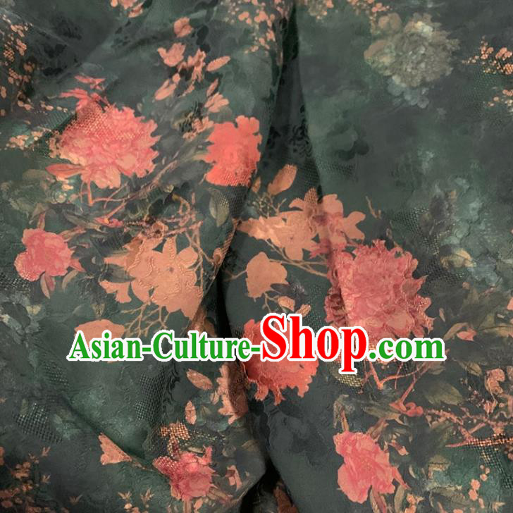 Chinese Traditional Royal Peony Pattern Dark Green Watered Gauze Asian Top Quality Silk Material Cloth Fabric