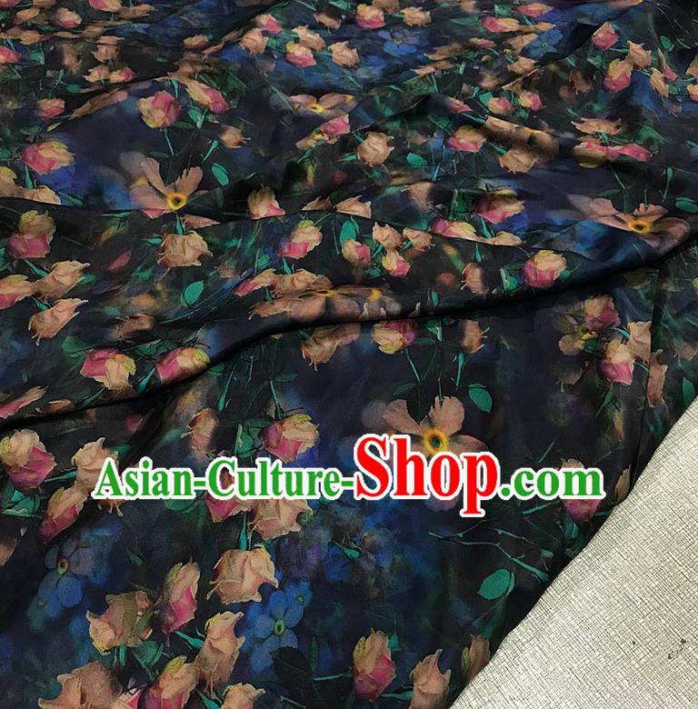 Chinese Classical Tulip Pattern Black Watered Gauze Asian Top Quality Silk Material Cloth Hanfu Dress Fabric