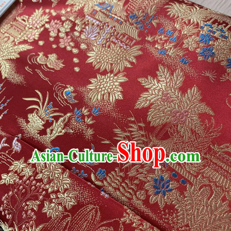 Chinese Cheongsam Classical Scenery Pattern Design Red Song Brocade Fabric Asian Traditional Tapestry Satin Material DIY Court Cloth Damask