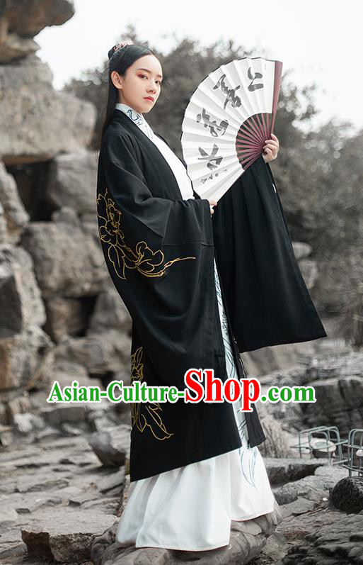 Chinese Ancient Han Dynasty Swordsman Hanfu Garment Traditional Young Male Costumes Embroidered Black Cloak Blouse and Skirt