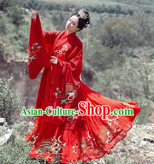 Chinese Ancient Bride Wedding Hanfu Garment Traditional Jin Dynasty Historical Costumes Embroidered Red Cape Blouse and Skirt Full Set