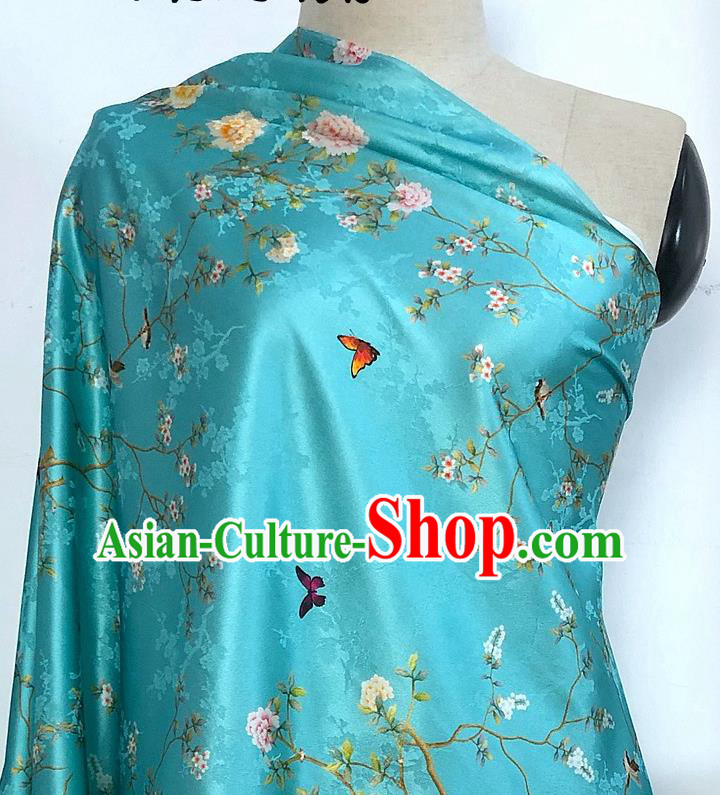 Chinese Classical Hibiscus Pattern Teal Watered Gauze Asian Top Quality Silk Material Hanfu Dress Brocade Cheongsam Cloth Fabric