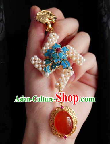 Chinese Classical Cheongsam Blue Peony Brooch Traditional Hanfu Accessories Handmade Pearls Breastpin Pendant for Women