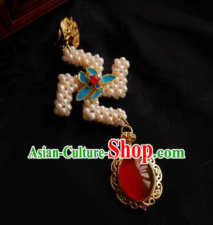 Chinese Classical Cheongsam Carnelian Brooch Traditional Hanfu Accessories Handmade Pearls Breastpin Pendant for Women