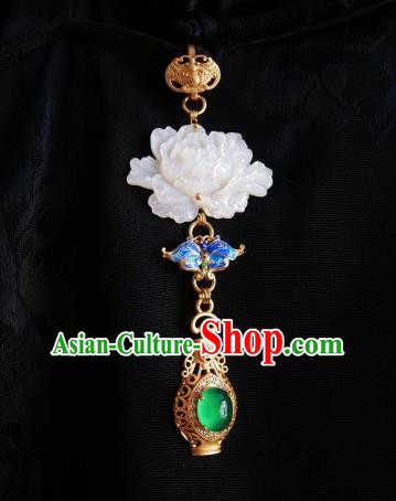 Chinese Classical Cheongsam Shell Peony Brooch Traditional Hanfu Accessories Handmade Breastpin Chrysoprase Flagon Pendant for Women