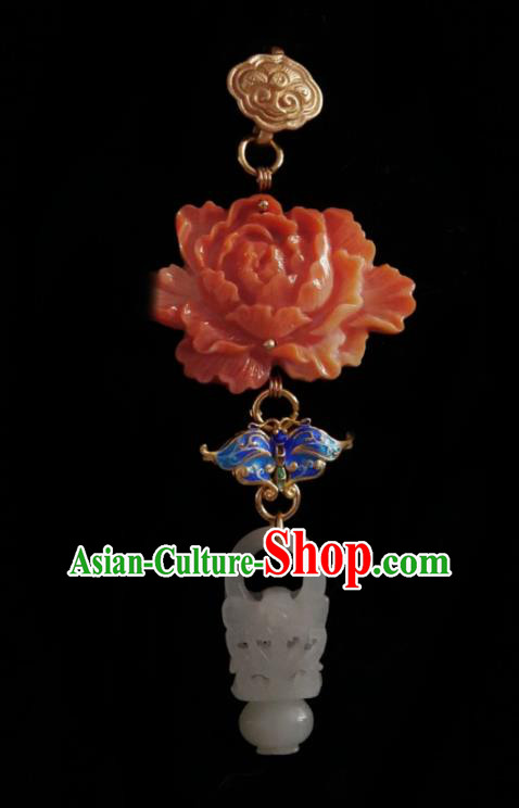 Chinese Classical Cheongsam Red Peony Brooch Traditional Hanfu Accessories Handmade Breastpin Jade Pendant for Women