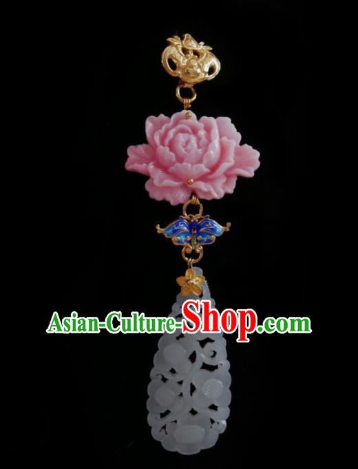 Chinese Classical Cheongsam Pink Peony Brooch Traditional Hanfu Accessories Handmade Breastpin Jade Pendant for Women