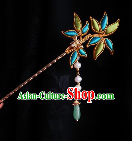 Handmade Chinese Silk Bamboo Leaf Hairpins Traditional Hanfu Hair Accessories Jade Tassel Hair Clip for Women